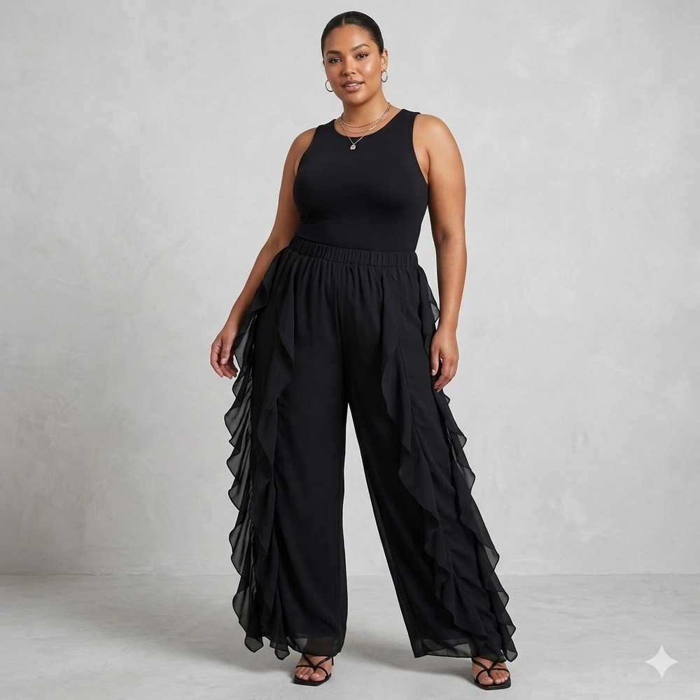 Ashro Black Ruffle Wide Leg Pants Plus Size XXXL New With Tags Statement Party